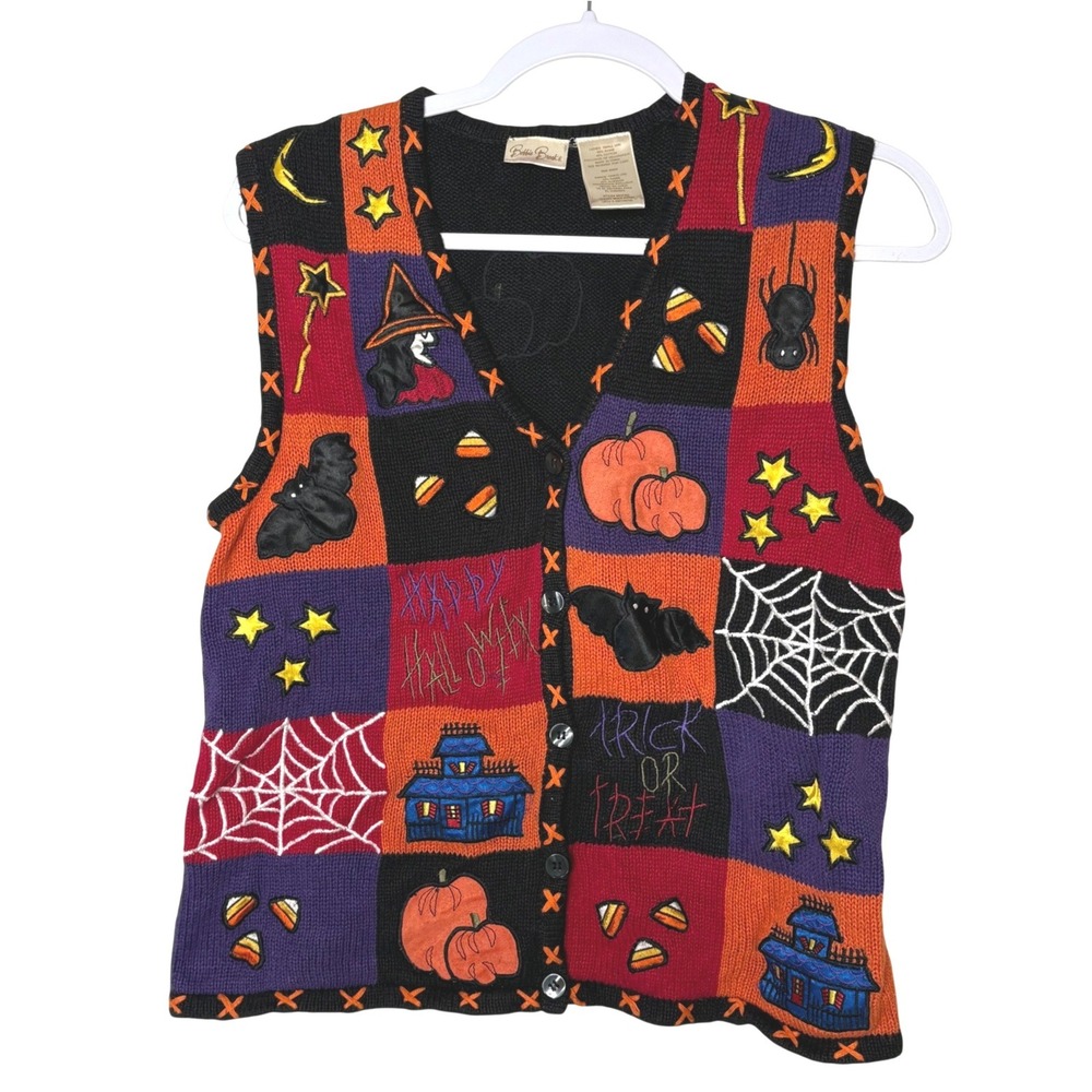 Vtg 90s Bobbie Brooks Halloween Patchwork Sweater Vest Small Grandmacore Teacher